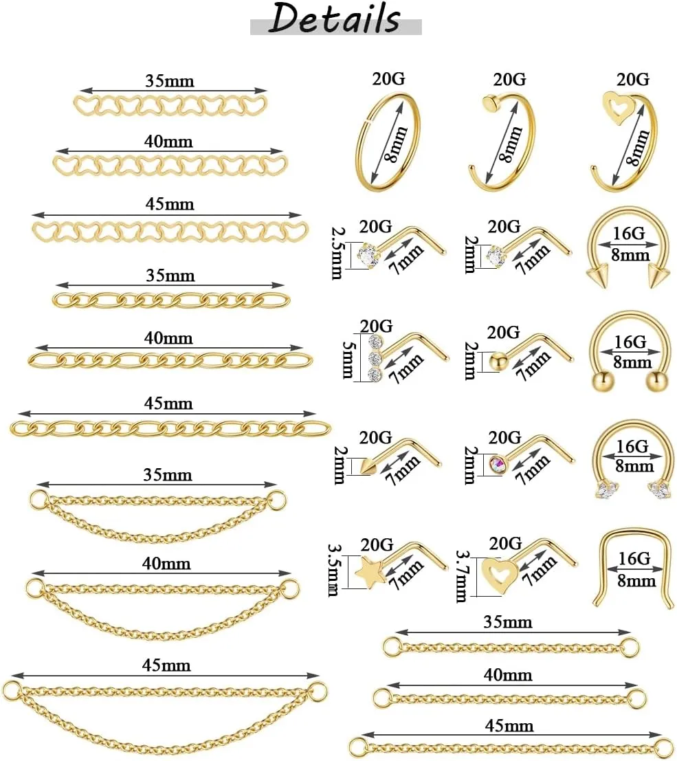 38Pcs 316L Stainless Steel Nose Ring for Women Men Heart Nose Stud Chain Double Nose Chain Piercing Across Nose CZ Nose Piercing Stud Nostril Jewelry