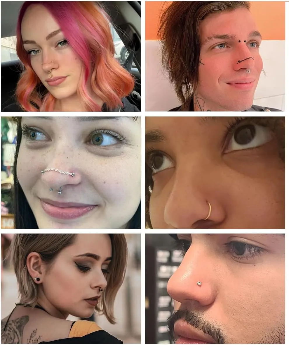 38Pcs 316L Stainless Steel Nose Ring for Women Men Heart Nose Stud Chain Double Nose Chain Piercing Across Nose CZ Nose Piercing Stud Nostril Jewelry