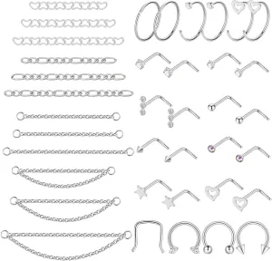 38Pcs 316L Stainless Steel Nose Ring for Women Men Heart Nose Stud Chain Double Nose Chain Piercing Across Nose CZ Nose Piercing Stud Nostril Jewelry