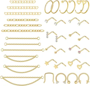 38Pcs 316L Stainless Steel Nose Ring for Women Men Heart Nose Stud Chain Double Nose Chain Piercing Across Nose CZ Nose Piercing Stud Nostril Jewelry