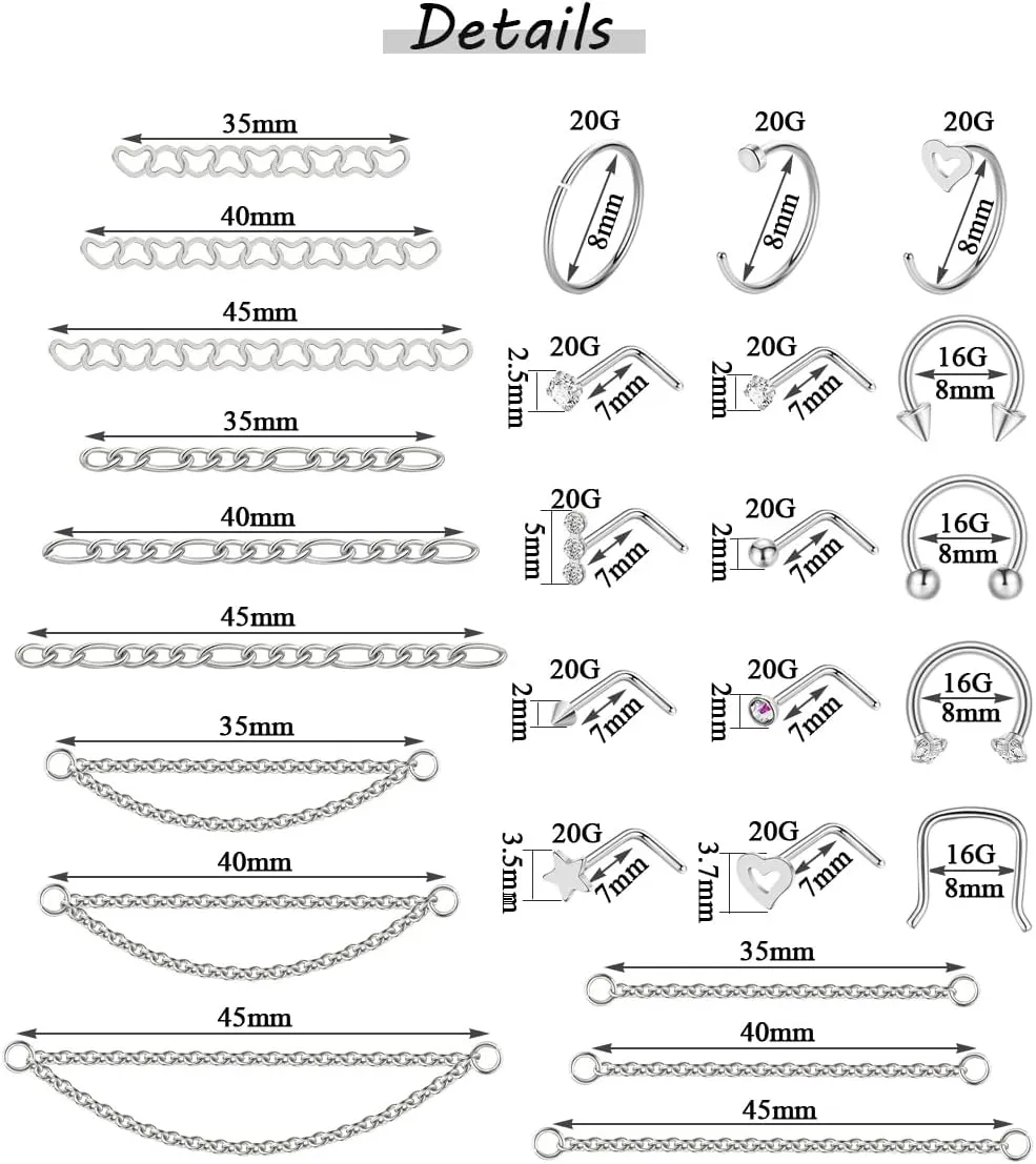 38Pcs 316L Stainless Steel Nose Ring for Women Men Heart Nose Stud Chain Double Nose Chain Piercing Across Nose CZ Nose Piercing Stud Nostril Jewelry