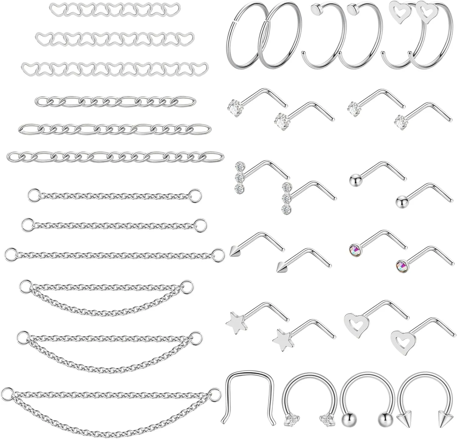 38Pcs 316L Stainless Steel Nose Ring for Women Men Heart Nose Stud Chain Double Nose Chain Piercing Across Nose CZ Nose Piercing Stud Nostril Jewelry