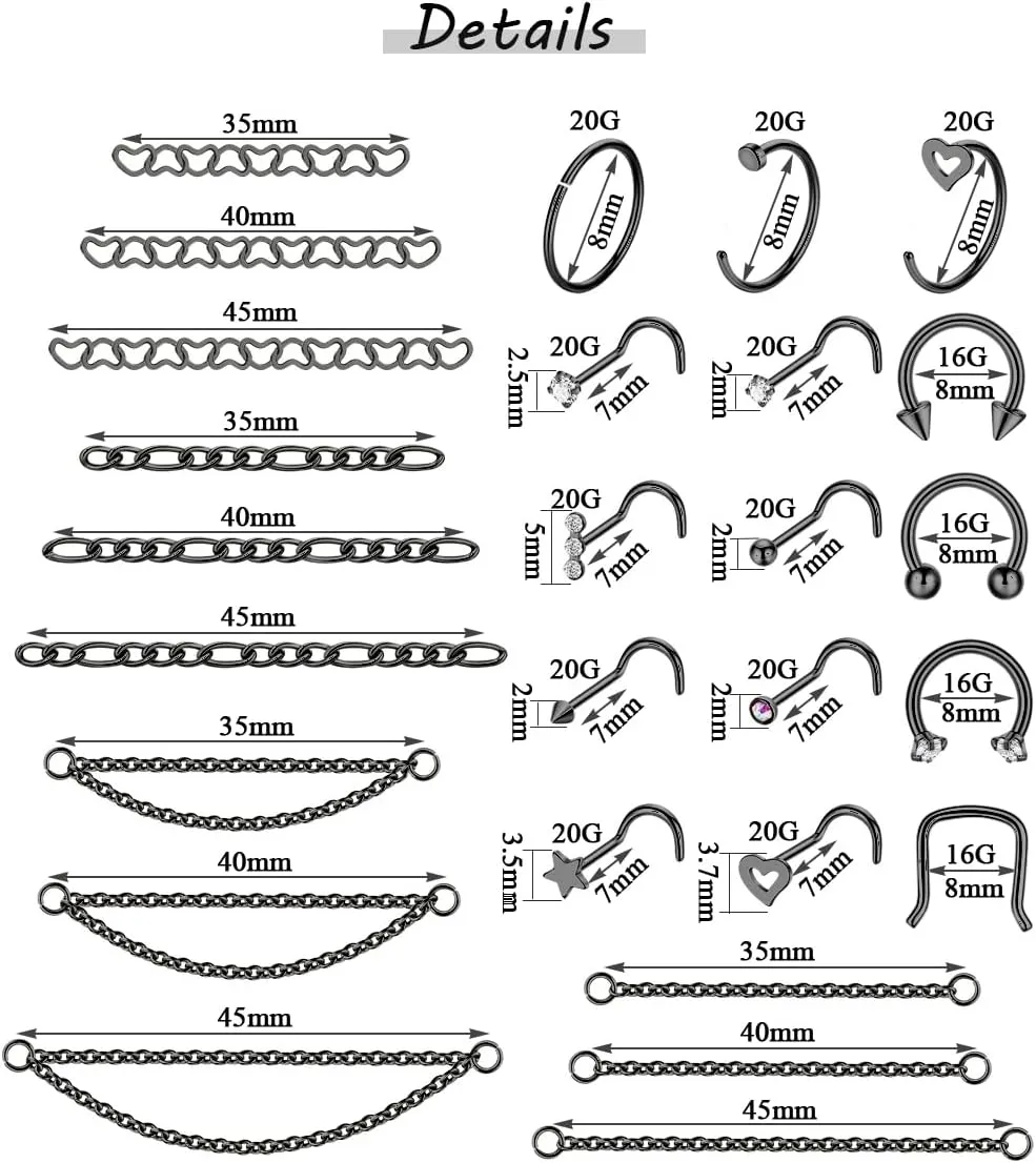 38Pcs 316L Stainless Steel Nose Ring for Women Men Heart Nose Stud Chain Double Nose Chain Piercing Across Nose CZ Nose Piercing Stud Nostril Jewelry