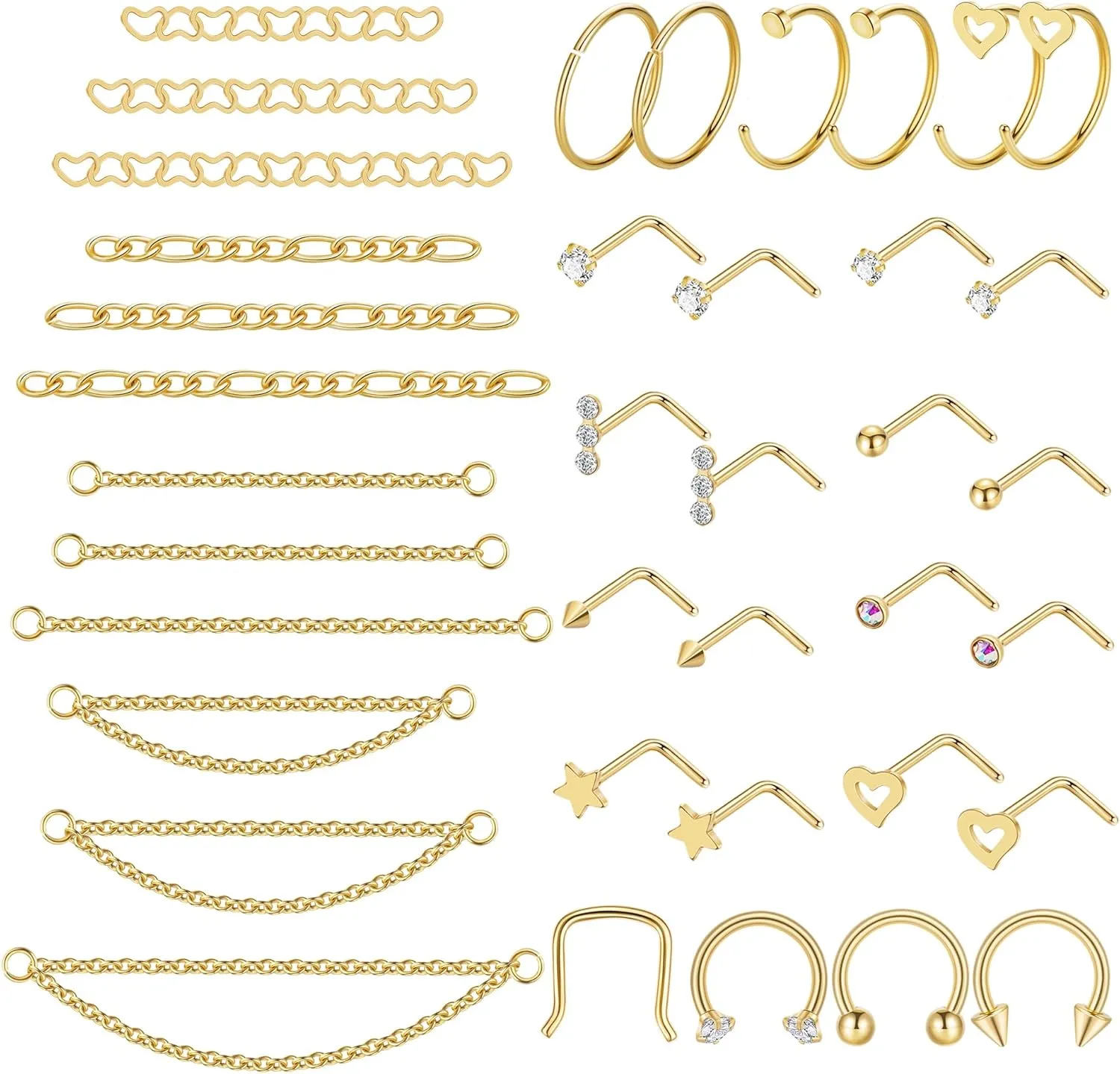 38Pcs 316L Stainless Steel Nose Ring for Women Men Heart Nose Stud Chain Double Nose Chain Piercing Across Nose CZ Nose Piercing Stud Nostril Jewelry