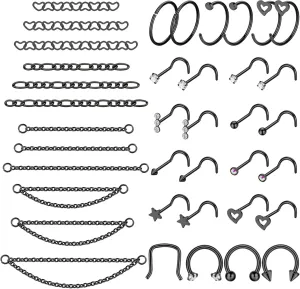 38Pcs 316L Stainless Steel Nose Ring for Women Men Heart Nose Stud Chain Double Nose Chain Piercing Across Nose CZ Nose Piercing Stud Nostril Jewelry