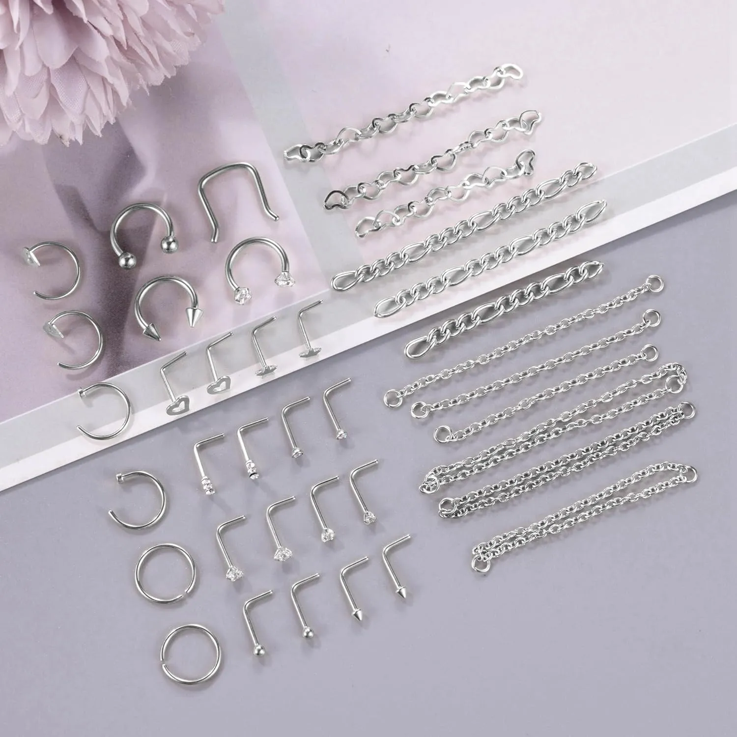 38Pcs 316L Stainless Steel Nose Ring for Women Men Heart Nose Stud Chain Double Nose Chain Piercing Across Nose CZ Nose Piercing Stud Nostril Jewelry