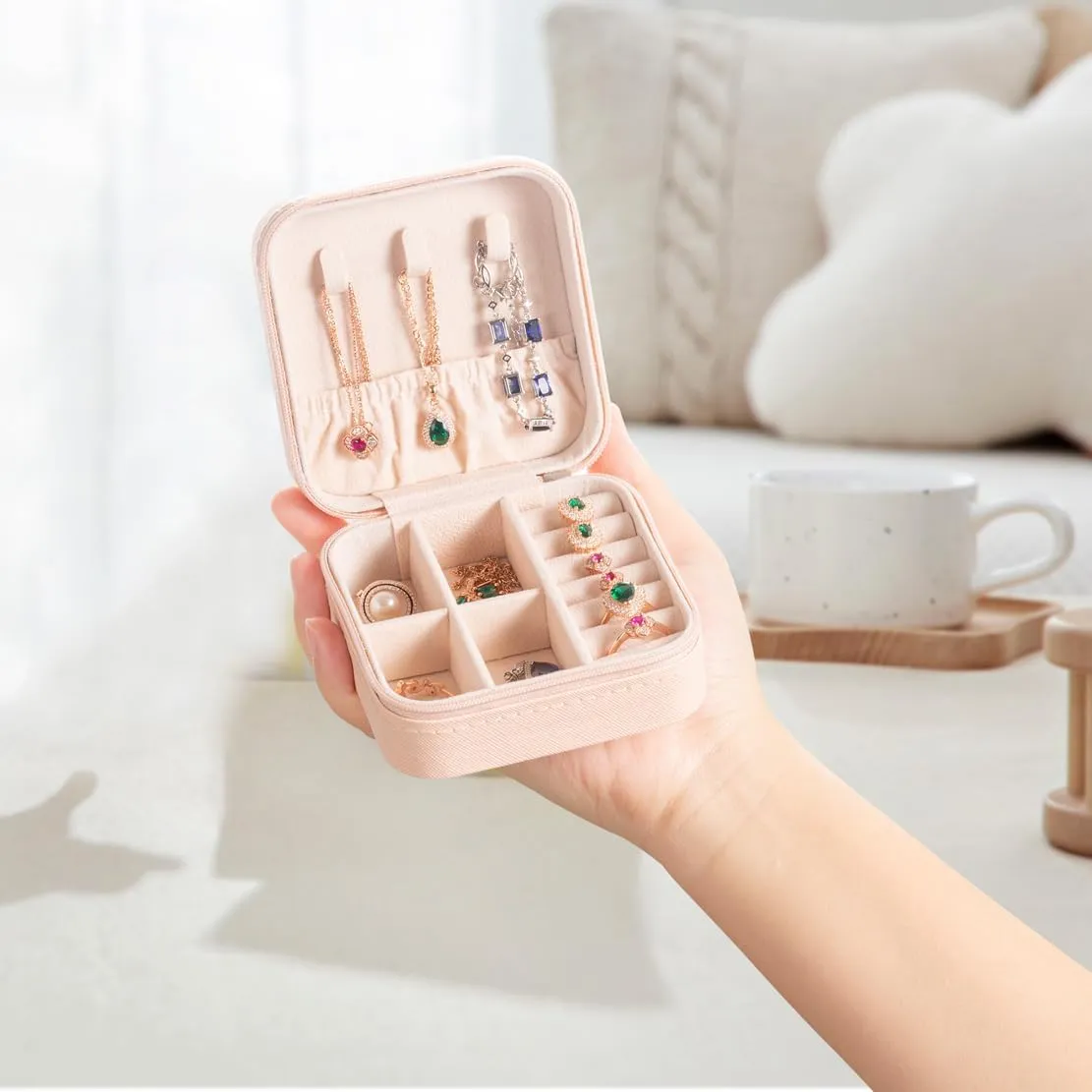 3pack/PU Leather Travel Jewelry Case, Mini Jewelry Box, Small Jewelry Organizer Portable Display Storage Case for Rings Earrings Necklace Bracelet, for Girls Women (Pink - 3 Packs)