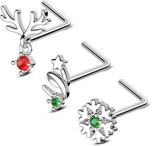 3PCS Chiristmas Nose Rings Stud 20G L Shaped Nose Studs Twist Loop 7MM Silver Nose Piercing Jewelry Stainless Steel Hypoallergenic