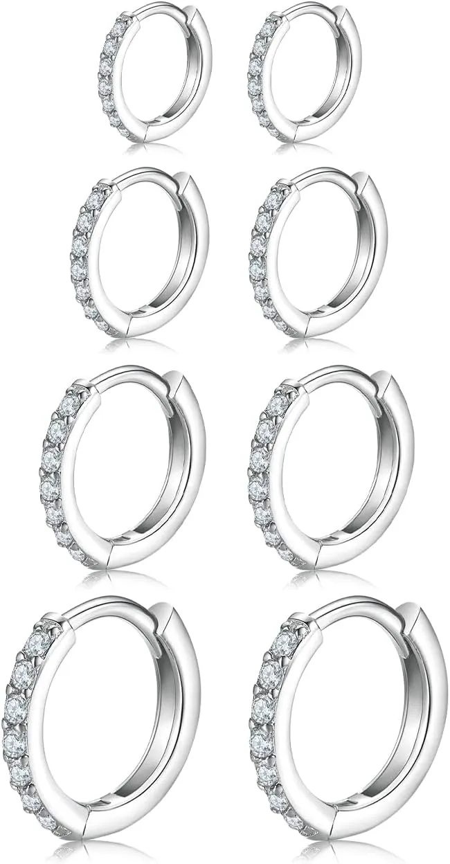 4 Pairs 925 Sterling Silver Small Hoop Earrings, 14K White Gold Plated Cubic Zirconia Huggie Earrings, Cartilage Silver Hoops for Women Men 6mm 8mm 10mm 12mm