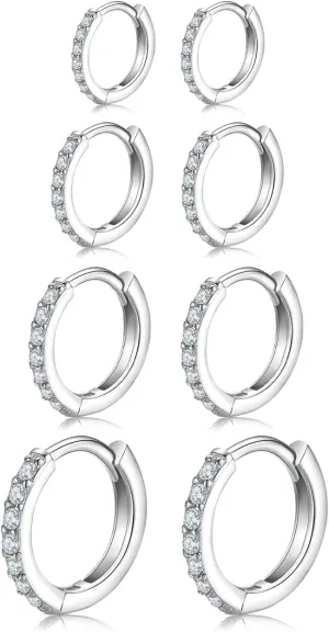 4 Pairs 925 Sterling Silver Small Hoop Earrings, 14K White Gold Plated Cubic Zirconia Huggie Earrings, Cartilage Silver Hoops for Women Men 6mm 8mm 10mm 12mm