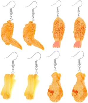 4 Pairs Funny Earrings for Women - Creative Resin Fried Chicken Wing Nuggets Legs Dangle Earrings - 3D Handmade Imitation Food Drop Earrings