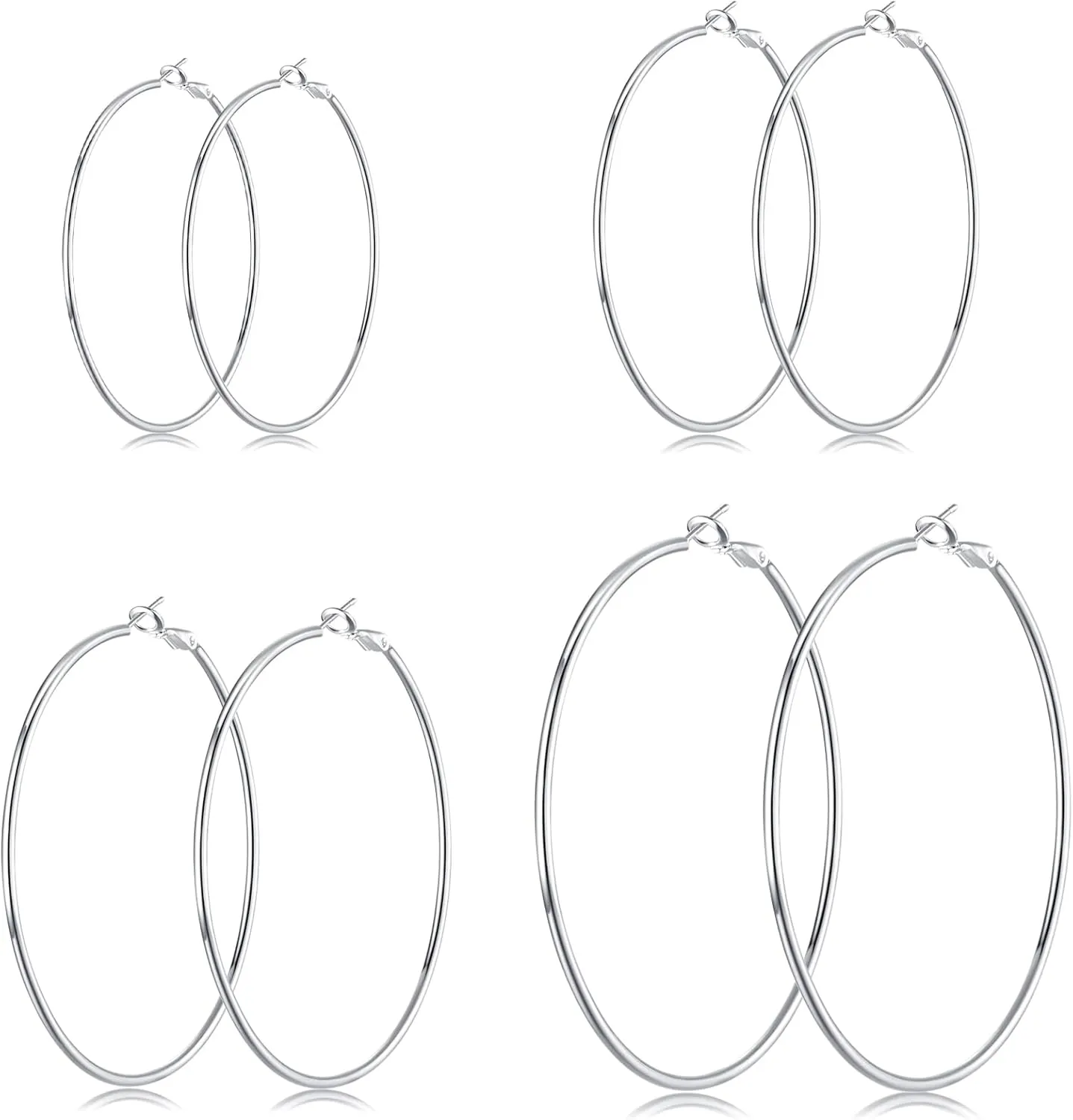 4 Pairs Sterling Silver Hoop Earrings, 14k White Gold Plated Big Hoop Earrings Set for Women (30 40 50 60MM)