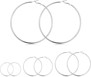 4 Pairs Sterling Silver Hoop Earrings, 14k White Gold Plated Big Hoop Earrings Set for Women (30 40 50 60MM)