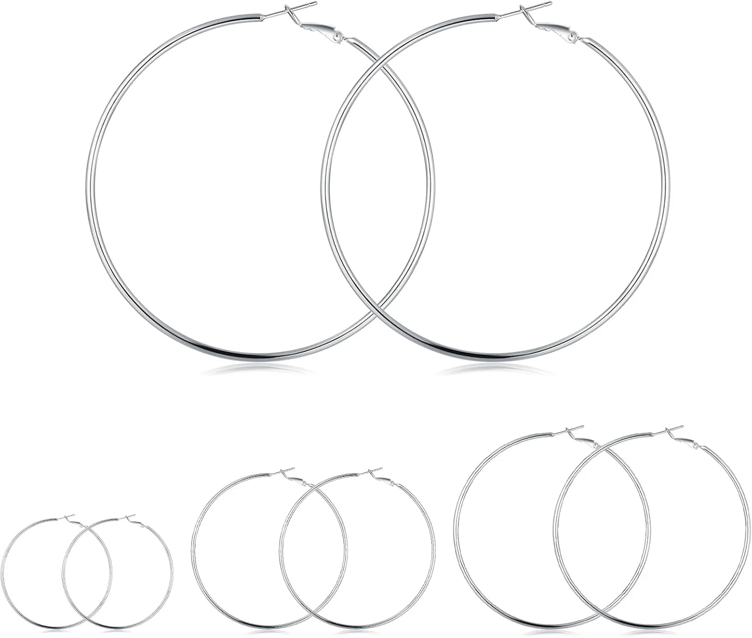 4 Pairs Sterling Silver Hoop Earrings, 14k White Gold Plated Big Hoop Earrings Set for Women (30 40 50 60MM)