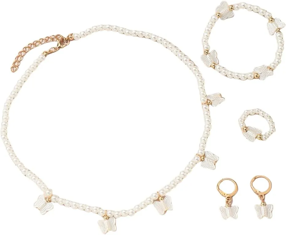 4Pcs Imitation Pearl Necklace Bracelet Earrings Ring Set Round White Pearl Necklace Earrings Set Wedding Decors Butterfly Heart Costume Jewelry for Women Brides