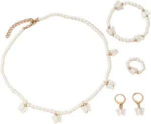 4Pcs Imitation Pearl Necklace Bracelet Earrings Ring Set Round White Pearl Necklace Earrings Set Wedding Decors Butterfly Heart Costume Jewelry for Women Brides