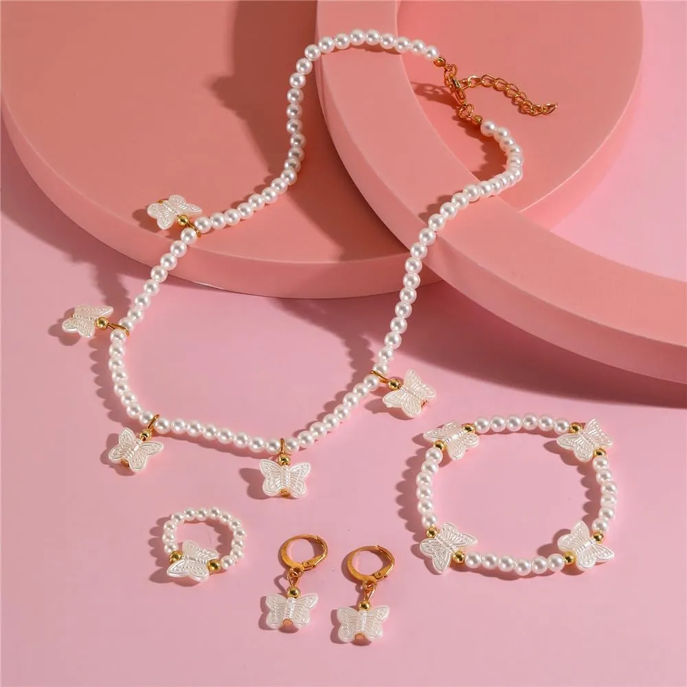 4Pcs Imitation Pearl Necklace Bracelet Earrings Ring Set Round White Pearl Necklace Earrings Set Wedding Decors Butterfly Heart Costume Jewelry for Women Brides