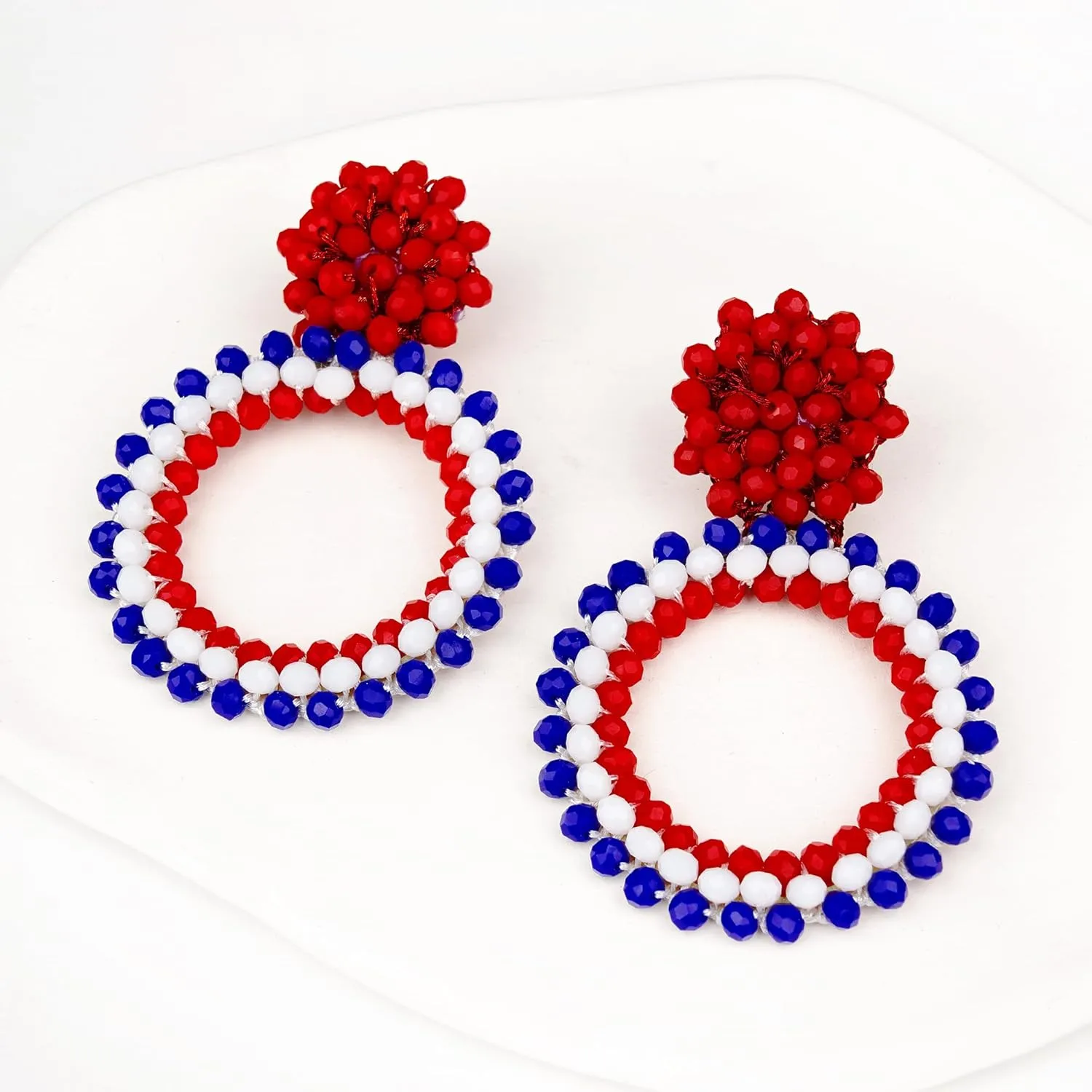 4th of July Earrings for Women: Memorial Day Patriotic Stud Red White and Blue Dangle American Flag Jewelry