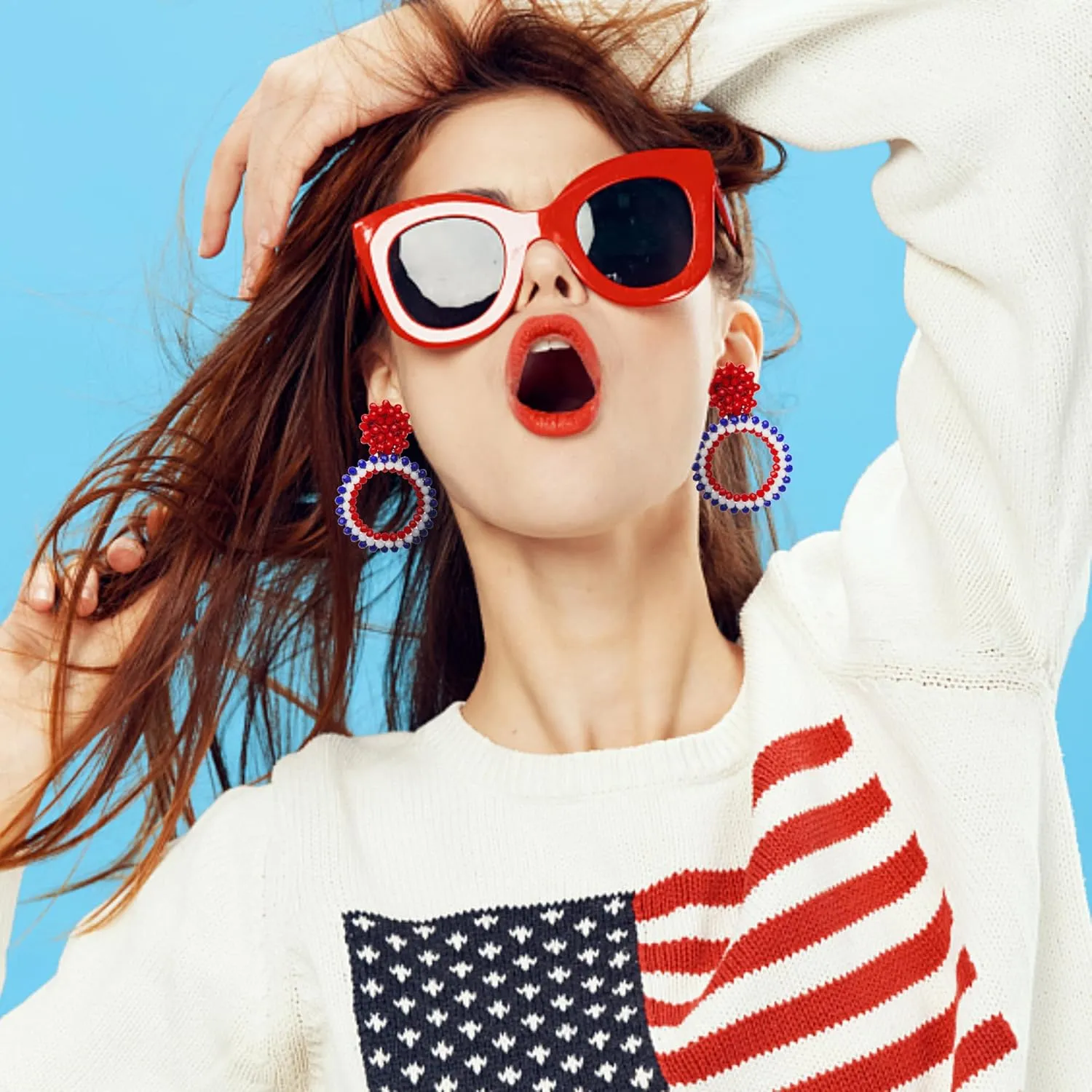 4th of July Earrings for Women: Memorial Day Patriotic Stud Red White and Blue Dangle American Flag Jewelry