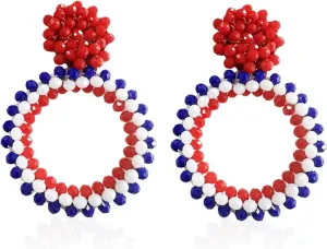 4th of July Earrings for Women: Memorial Day Patriotic Stud Red White and Blue Dangle American Flag Jewelry