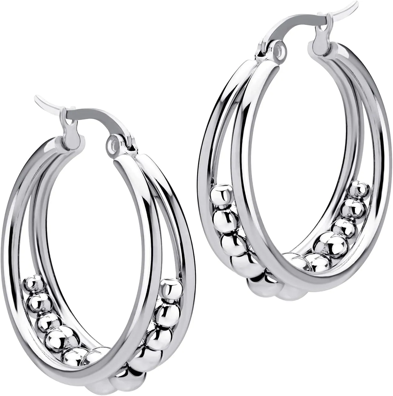 555Jewelry Hypoallergenic Medium Stainless Steel Wide Beaded Hoop Earrings for Women