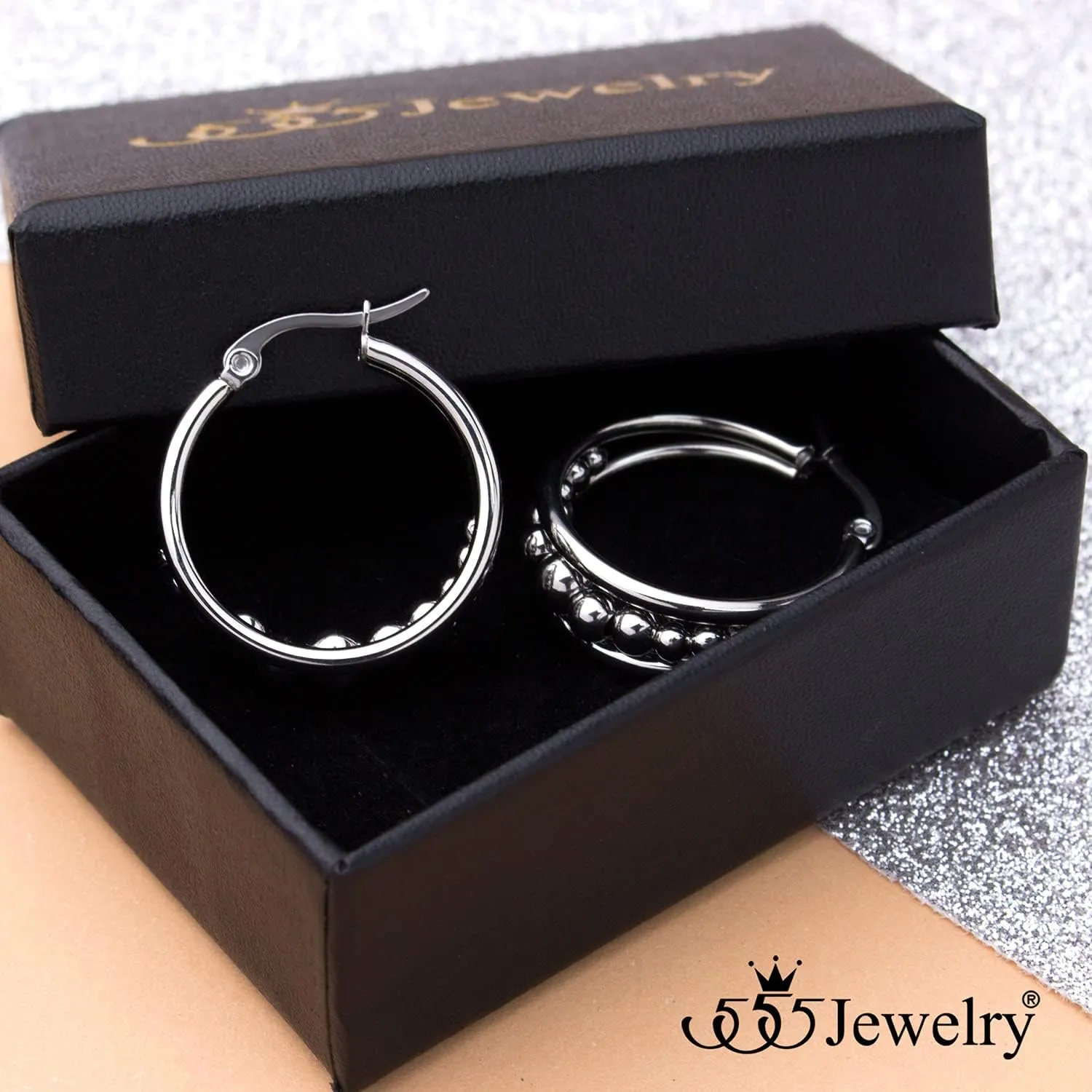555Jewelry Hypoallergenic Medium Stainless Steel Wide Beaded Hoop Earrings for Women