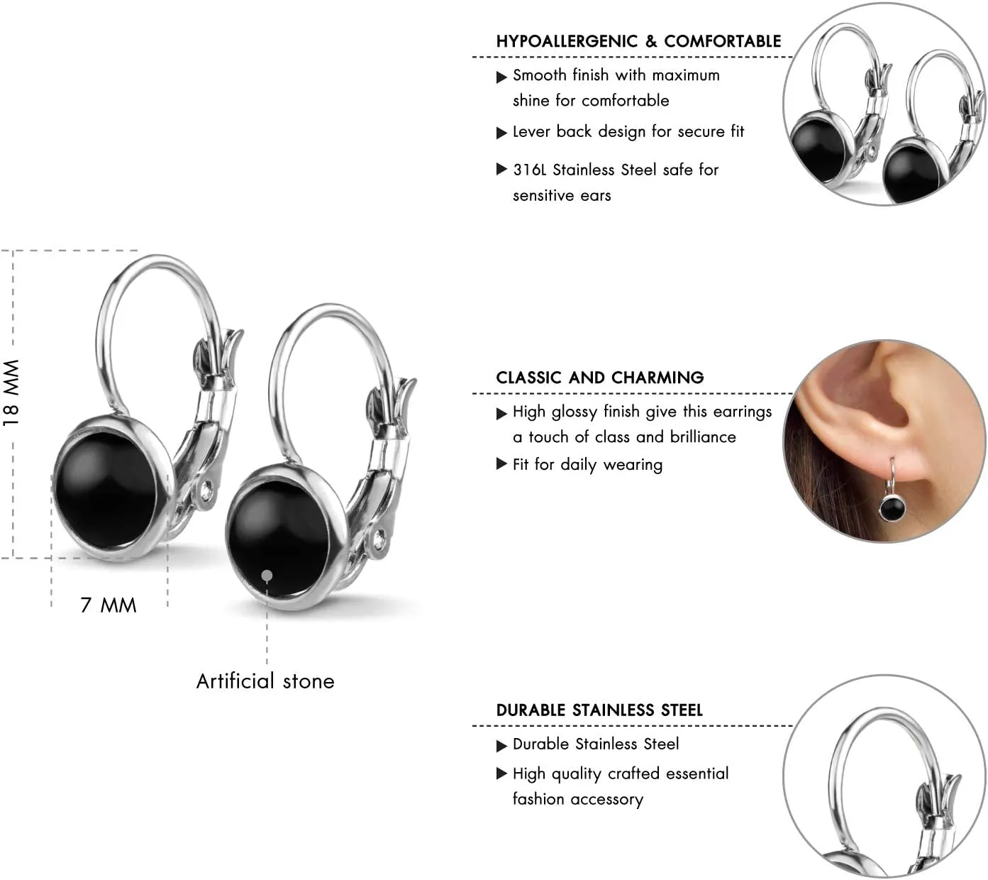 555Jewelry Womens Stainless Steel Stone Cut Classic Leverback Findings Earring, Marble Stone Earrings