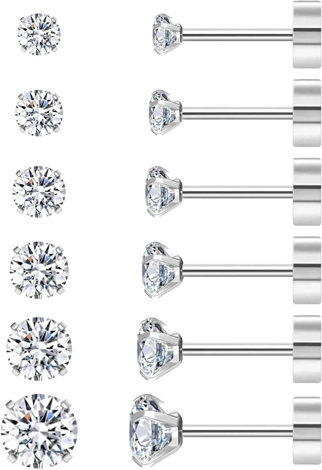 5/6 Pairs Stud Earrings for Women, Stud Earrings Set, Cubic Zirconia Small Stud Earrings, Stainless Steel Hypoallergenic CZ Earrings for Women, Nickel-Free & Allergy-Free, Flat Back Stud Earrings
