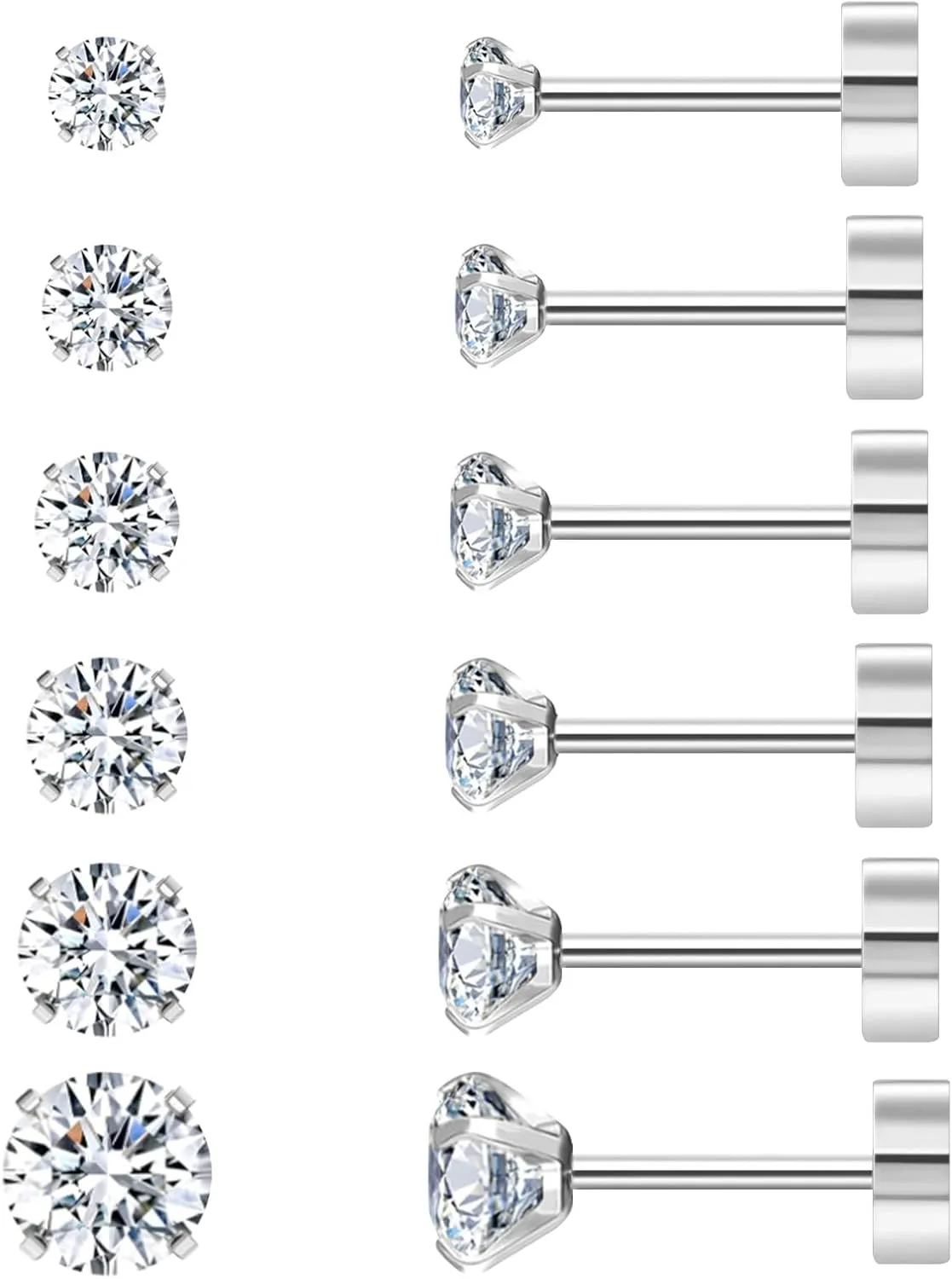 5/6 Pairs Stud Earrings for Women, Stud Earrings Set, Cubic Zirconia Small Stud Earrings, Stainless Steel Hypoallergenic CZ Earrings for Women, Nickel-Free & Allergy-Free, Flat Back Stud Earrings