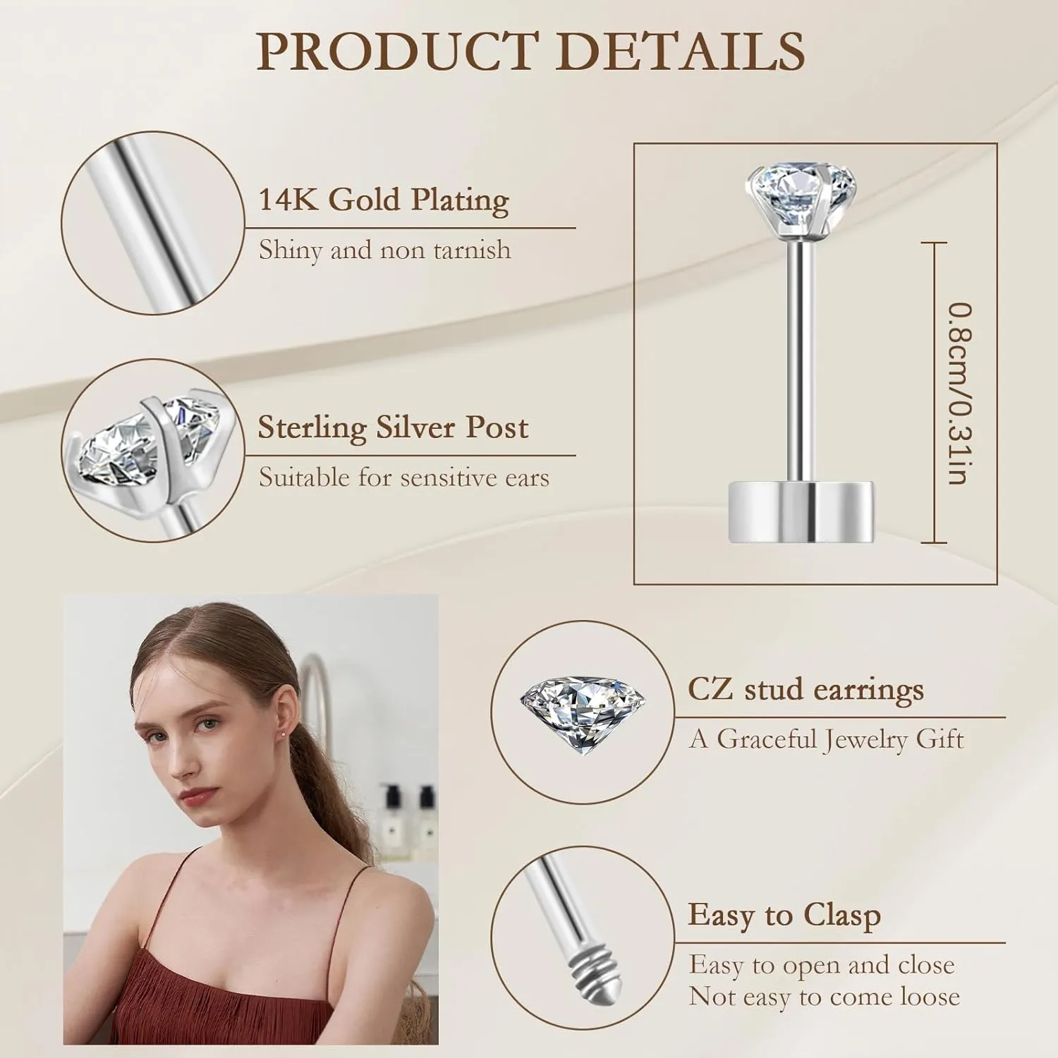 5/6 Pairs Stud Earrings for Women, Stud Earrings Set, Cubic Zirconia Small Stud Earrings, Stainless Steel Hypoallergenic CZ Earrings for Women, Nickel-Free & Allergy-Free, Flat Back Stud Earrings