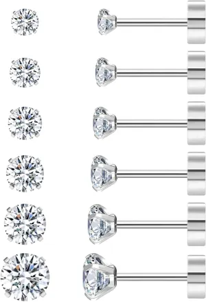 5/6 Pairs Stud Earrings for Women, Stud Earrings Set, Cubic Zirconia Small Stud Earrings, Stainless Steel Hypoallergenic CZ Earrings for Women, Nickel-Free & Allergy-Free, Flat Back Stud Earrings
