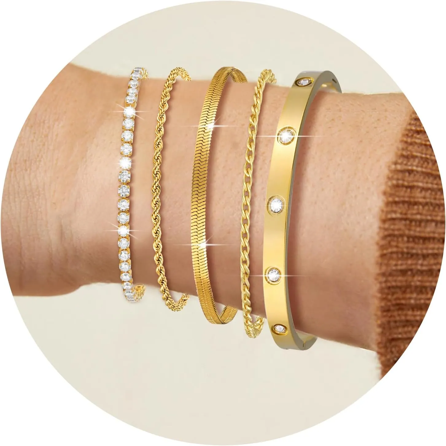 5Pcs Gold Bracelets for Women Trendy,Dainty 14K Real Gold Plated Jewelry Sets for Women,Waterproof,Thin Small Cute Chain Bracelets,Fashion Accessories Jewelry Gifts for Women Adjustable 7" 2"