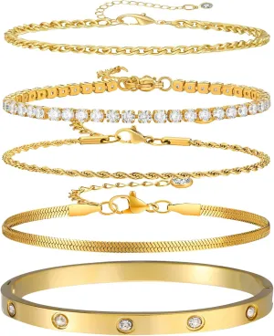 5Pcs Gold Bracelets for Women Trendy,Dainty 14K Real Gold Plated Jewelry Sets for Women,Waterproof,Thin Small Cute Chain Bracelets,Fashion Accessories Jewelry Gifts for Women Adjustable 7" 2"