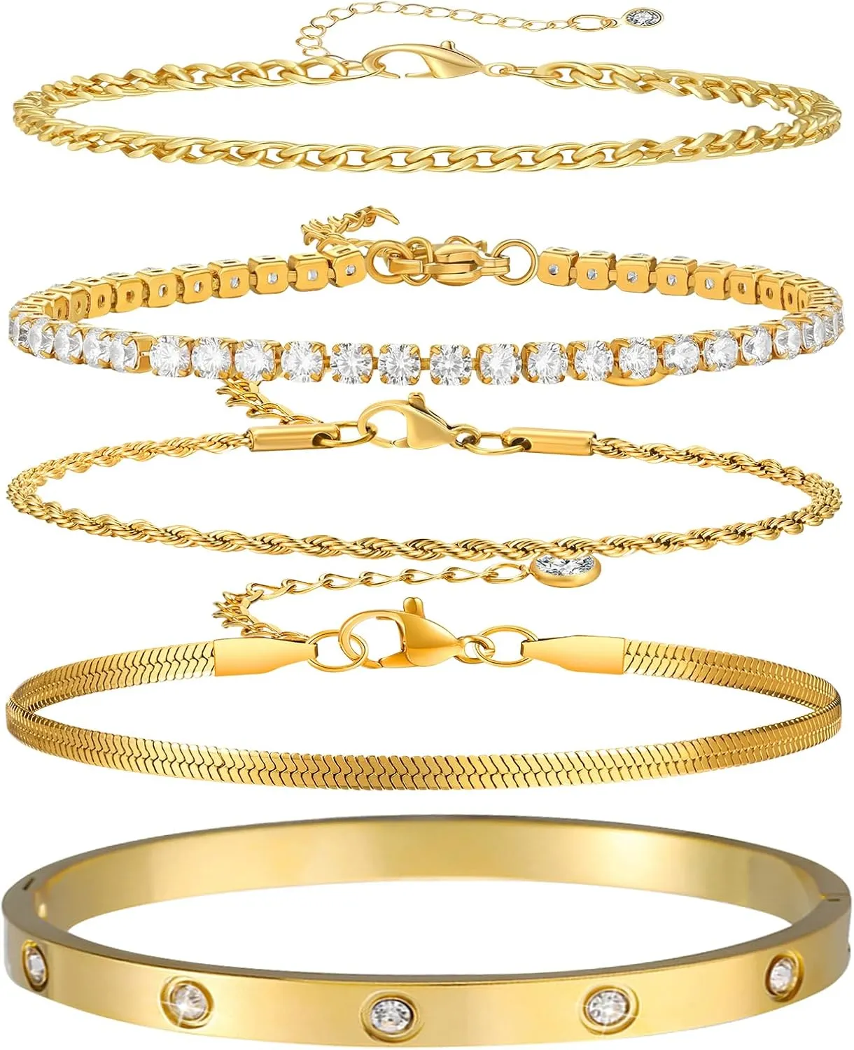 5Pcs Gold Bracelets for Women Trendy,Dainty 14K Real Gold Plated Jewelry Sets for Women,Waterproof,Thin Small Cute Chain Bracelets,Fashion Accessories Jewelry Gifts for Women Adjustable 7" 2"