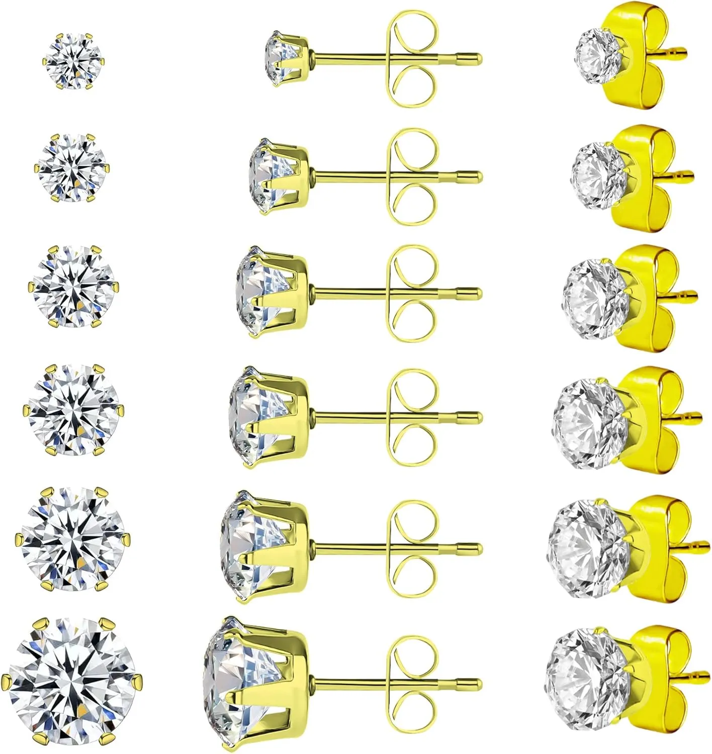 6 Pairs 14k Gold Plated Stud Earrings for Women Hypoallergenic Cubic Zirconia 316L Surgical Stainless Steel Earring Studs 3-8 Mm