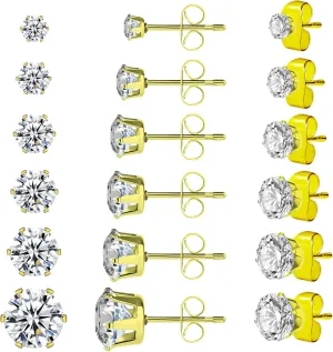 6 Pairs 14k Gold Plated Stud Earrings for Women Hypoallergenic Cubic Zirconia 316L Surgical Stainless Steel Earring Studs 3-8 Mm