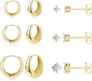 6 Pairs Gold Chunky Hoop Earrings Set for Women, Small Diamond Cartilage Studs Earring Sets for Multiple Piercing Stacks, Hypoallergenic Tarnish Free Gold Jewelry Earrings Pack Gifts