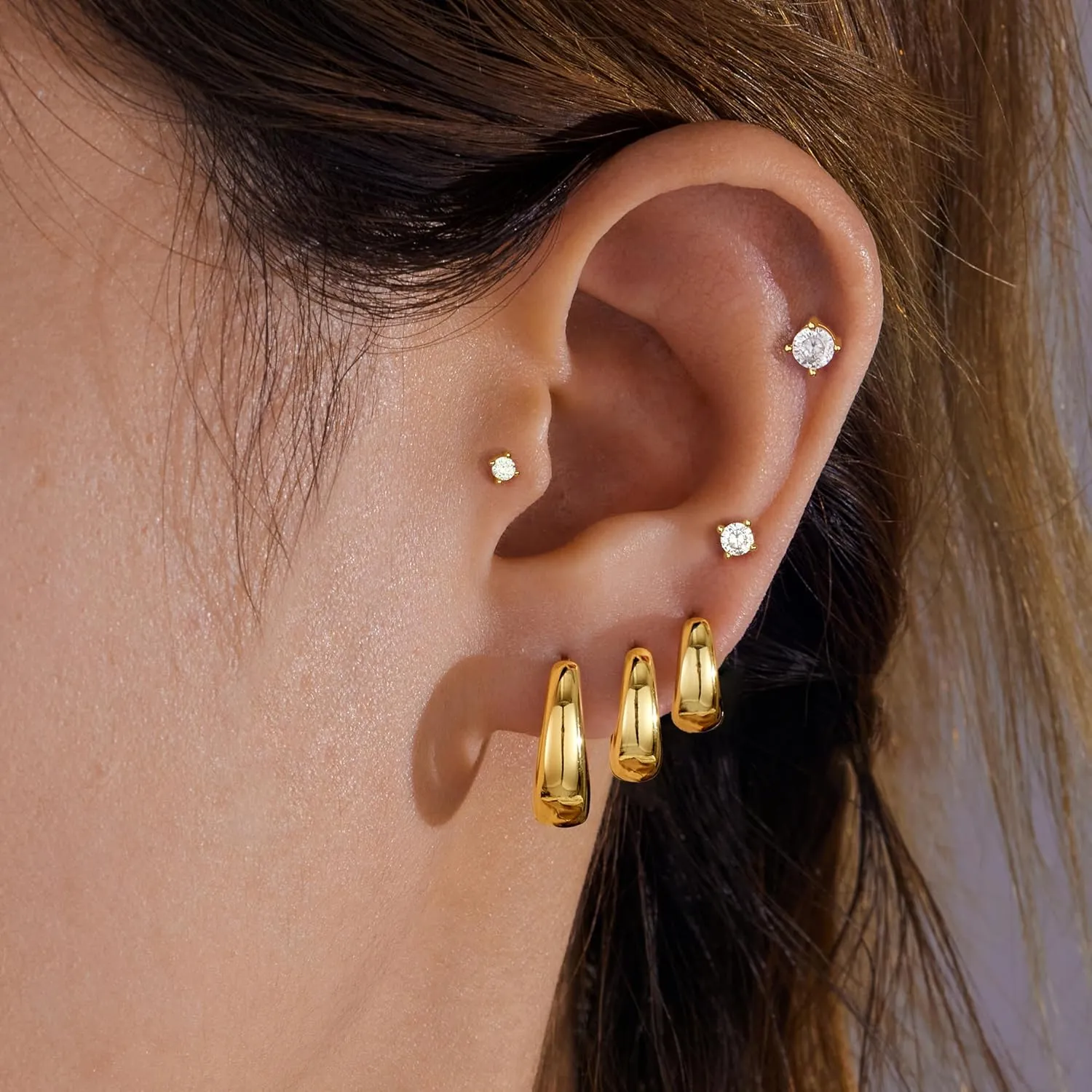 6 Pairs Gold Chunky Hoop Earrings Set for Women, Small Diamond Cartilage Studs Earring Sets for Multiple Piercing Stacks, Hypoallergenic Tarnish Free Gold Jewelry Earrings Pack Gifts