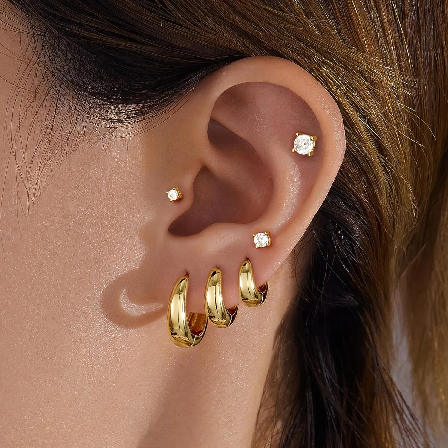 6 Pairs Gold Chunky Hoop Earrings Set for Women, Small Diamond Cartilage Studs Earring Sets for Multiple Piercing Stacks, Hypoallergenic Tarnish Free Gold Jewelry Earrings Pack Gifts
