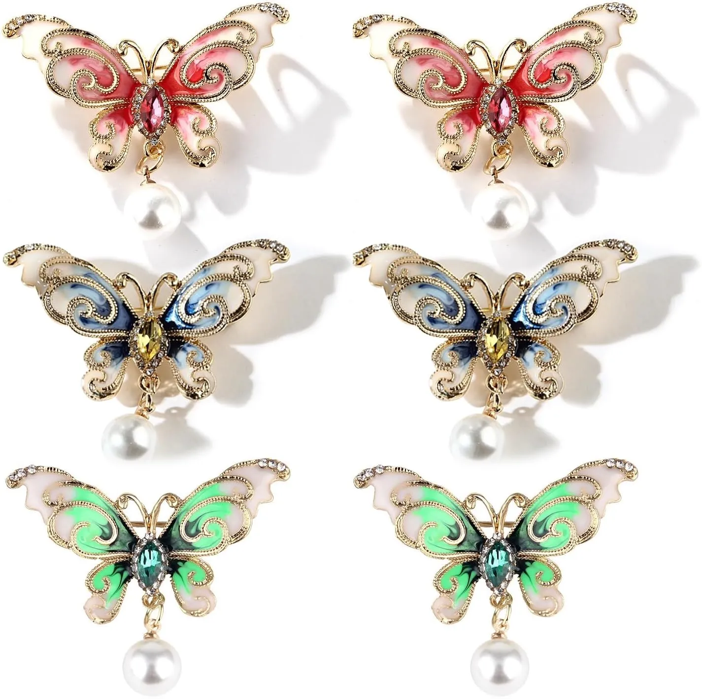 6 PCS Multicolor Metal Border Butterfly Pin Rhinestone Crystal Butterfly Brooch Pin Lapel Pin (3 Colors)