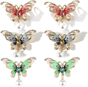 6 PCS Multicolor Metal Border Butterfly Pin Rhinestone Crystal Butterfly Brooch Pin Lapel Pin (3 Colors)