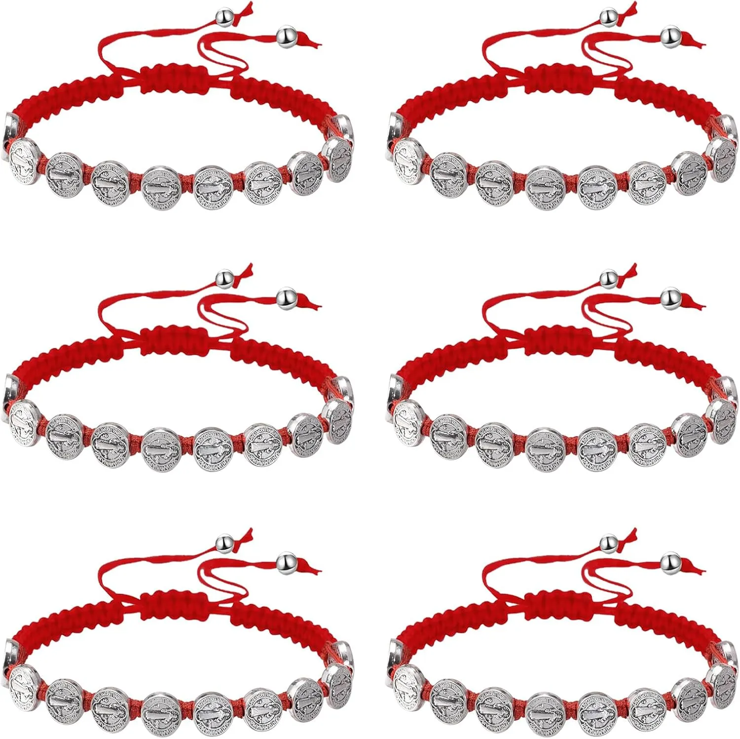 6 Piece Medallas de San Benito Bracelet Religious Protection Bracelet Virgin Mary Bracelet Handmade Braided Adjustable String Beads Cord for Man Women Teen Blessing Jewelry Gifts