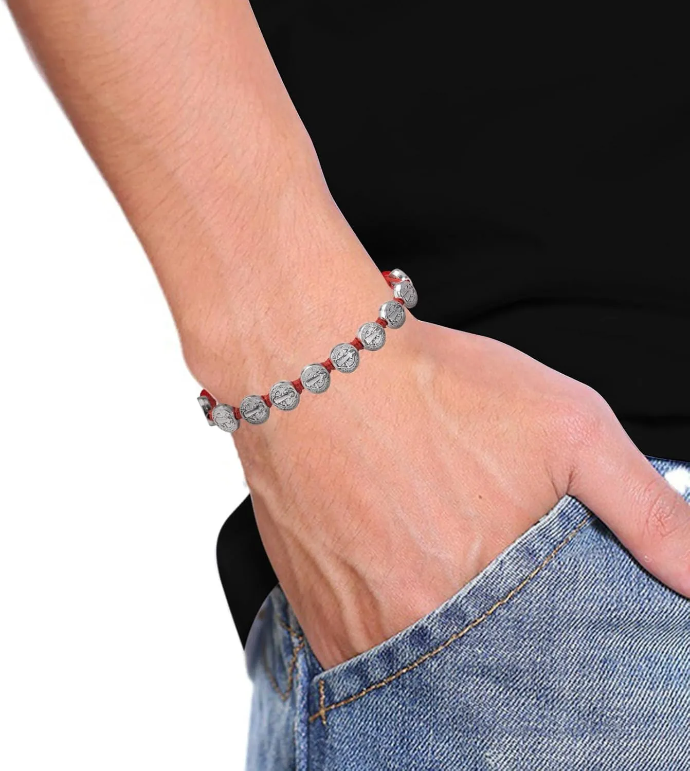 6 Piece Medallas de San Benito Bracelet Religious Protection Bracelet Virgin Mary Bracelet Handmade Braided Adjustable String Beads Cord for Man Women Teen Blessing Jewelry Gifts