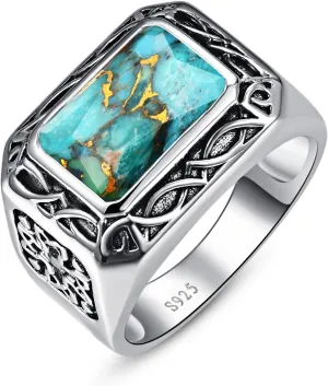 6.85ct 8X12mm Radiant Cut Teal Turquoise Ring/Created Mens Black Onyx 925 Sterling Silver Mens Ring Cocktail Rings Celtic Pattern Pinky Thumb Ring Band for Dad Father Size 7-12