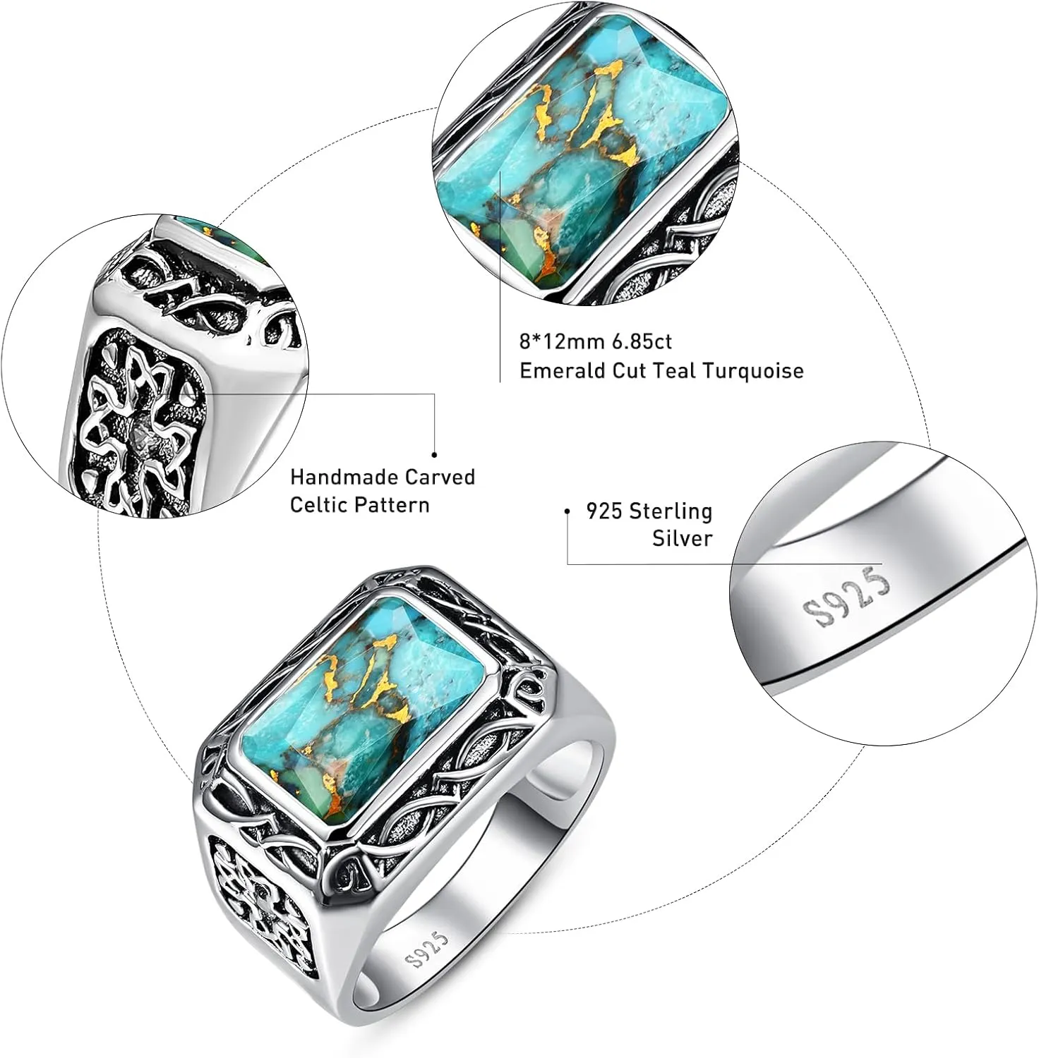 6.85ct 8X12mm Radiant Cut Teal Turquoise Ring/Created Mens Black Onyx 925 Sterling Silver Mens Ring Cocktail Rings Celtic Pattern Pinky Thumb Ring Band for Dad Father Size 7-12