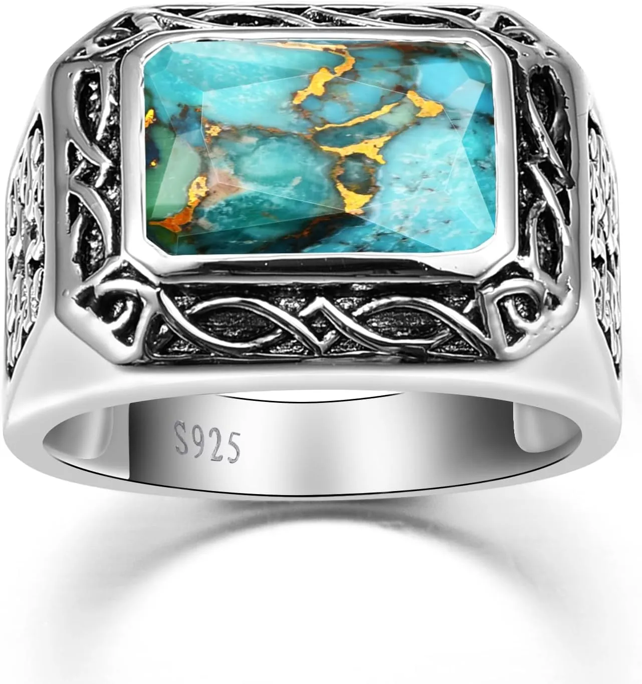 6.85ct 8X12mm Radiant Cut Teal Turquoise Ring/Created Mens Black Onyx 925 Sterling Silver Mens Ring Cocktail Rings Celtic Pattern Pinky Thumb Ring Band for Dad Father Size 7-12