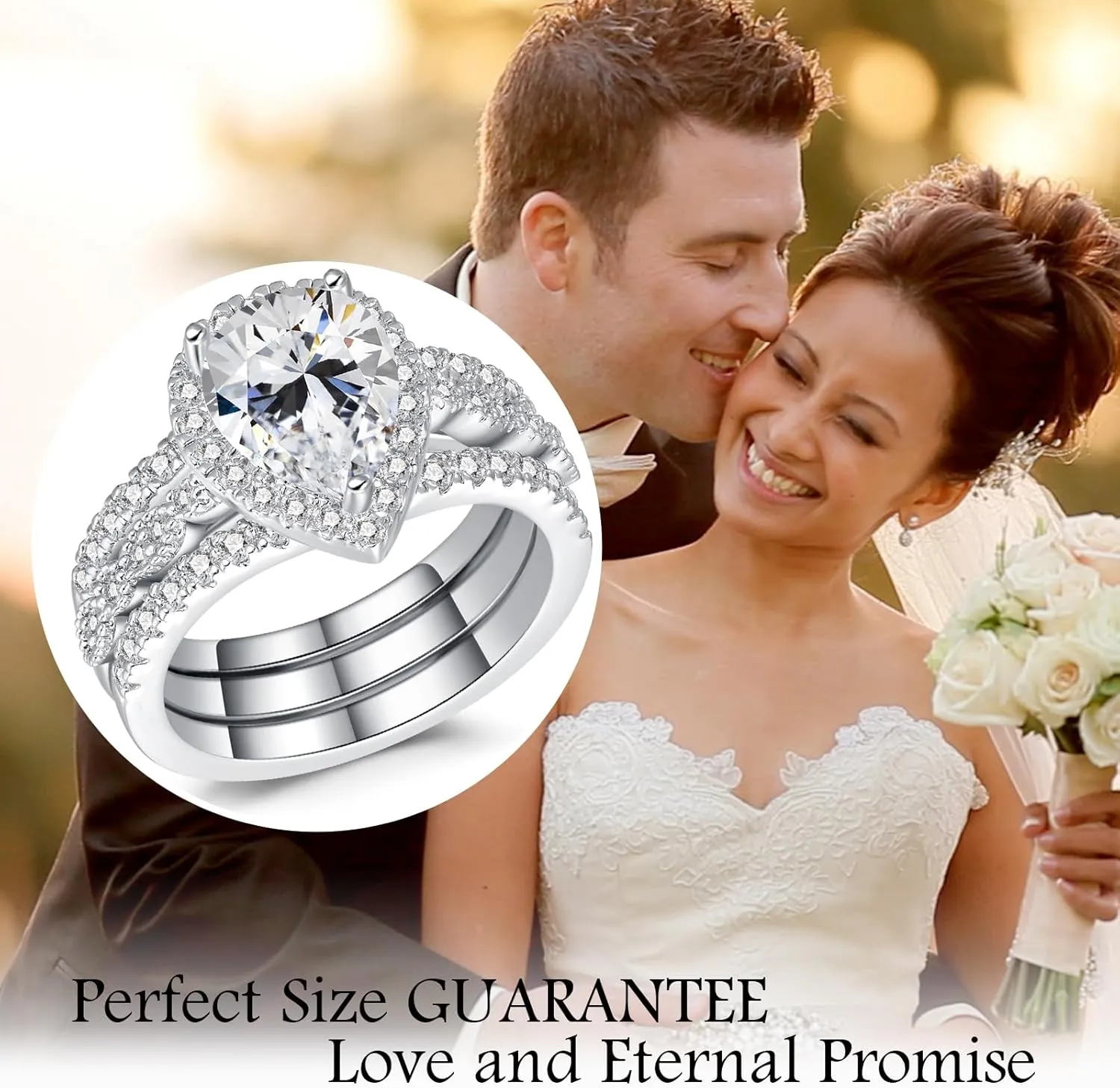 6CT Pear Shaped Engagement Ring, Bridal Promise Wedding 5A Cubic Zirconia 2-in-1 White Gold Plated Band Set for Women, Size 5-10