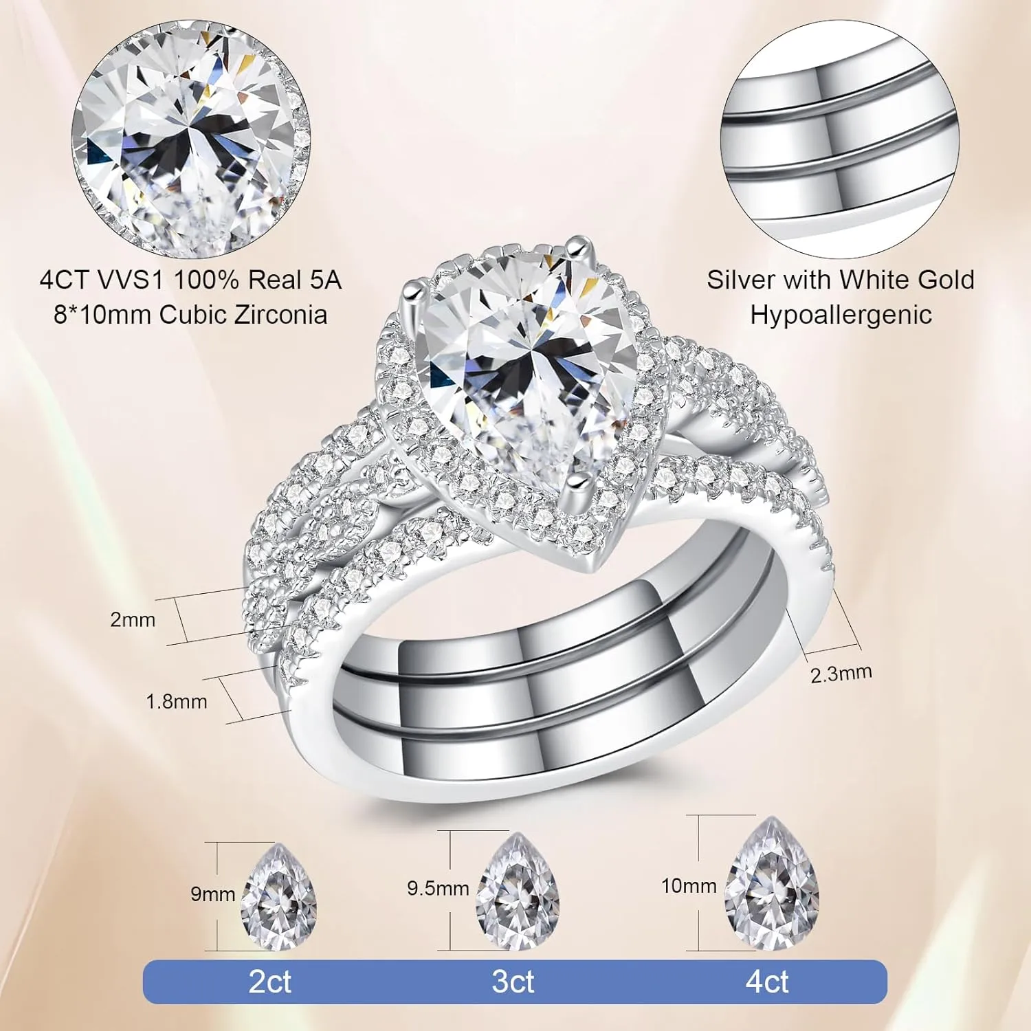 6CT Pear Shaped Engagement Ring, Bridal Promise Wedding 5A Cubic Zirconia 2-in-1 White Gold Plated Band Set for Women, Size 5-10