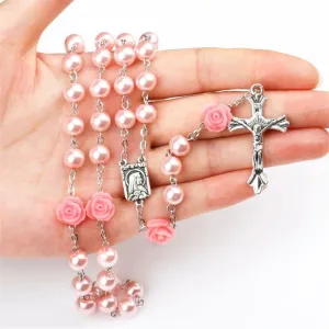 6MM Pink Pearl Beaded Rose Rosary Necklace Women Chain Crucifix Cross Pendant