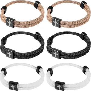 6pcs Braided Cross Bracelet, Jesus Rope Bracelets Beaded Cross Bracelet Obsidian Beads Bracelet Men Cross Bracelet Religious Jewelry First Communion Gifts for Men Women Christian